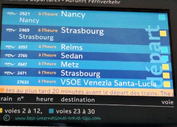 Departure board at Gare de l'est grand lines VSOE departure time for Saint Lucia station in Venice, Italy