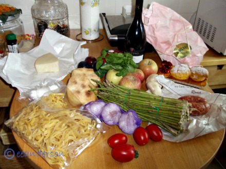 food  from the market and shops in Rome on the table 